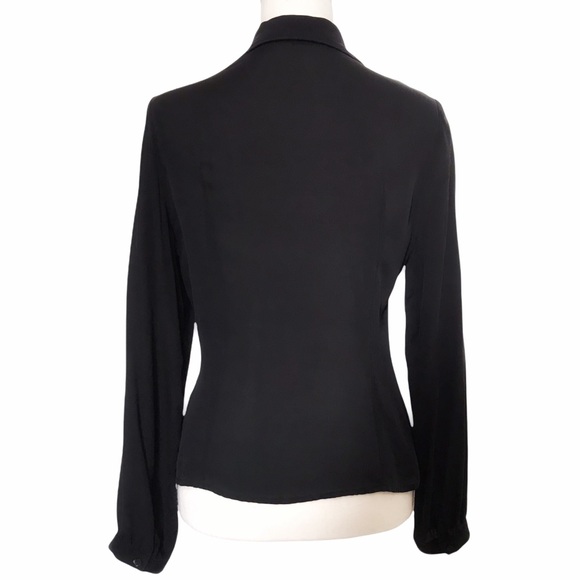TEENFLO MAURICE TARICA 100% SILK BLACK RUFFLE LONG SLEEVE BUTTON UP BLOUSE - M - Picture 2 of 9